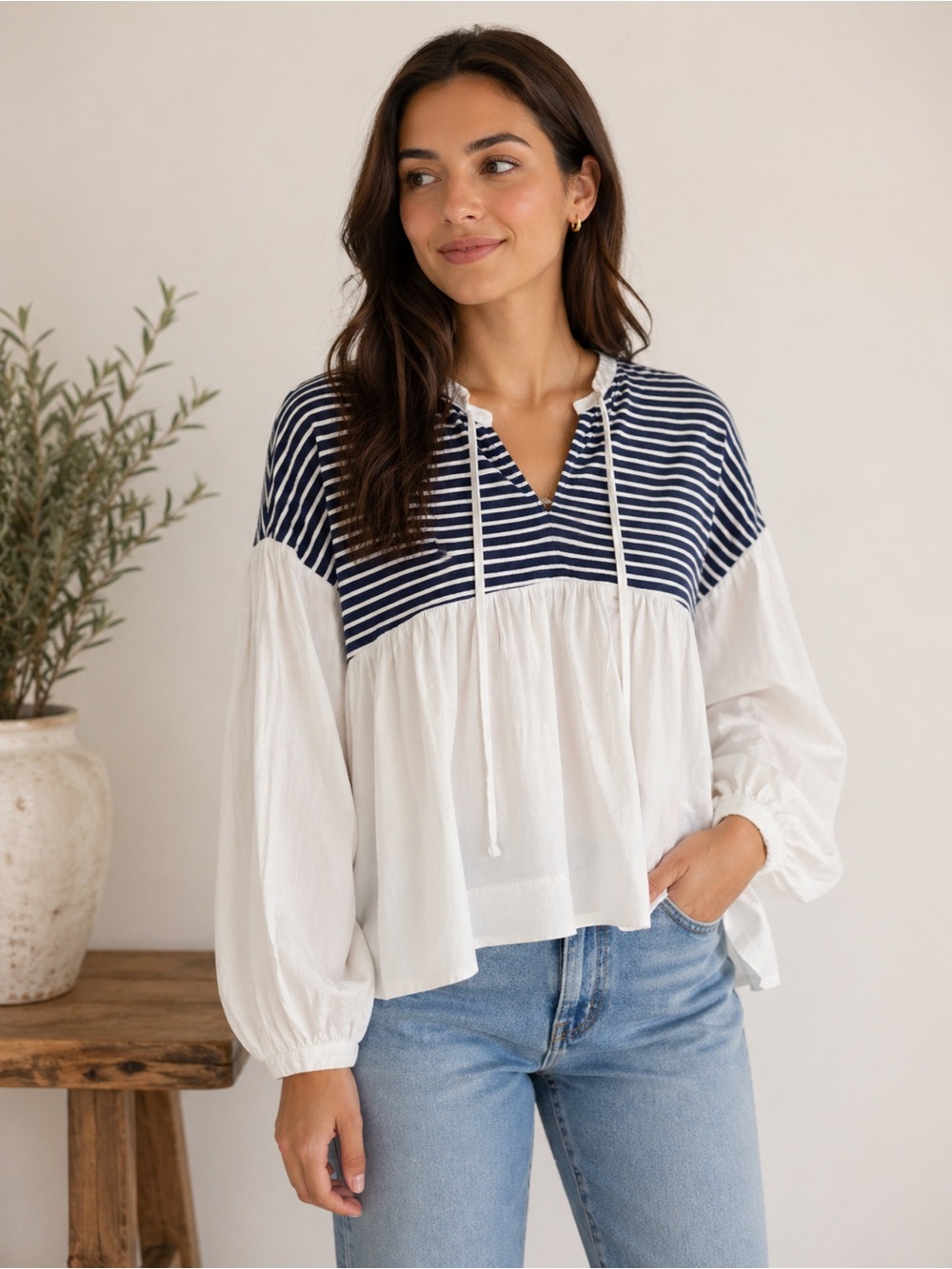 Mustard Seed Navy and White Striped Hoodie
